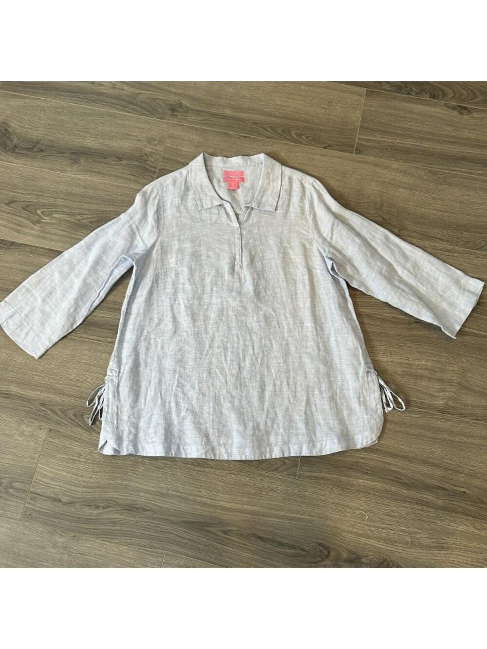 Isaac Mizrahi New York Blouse Womens L Blue Linen Collared Tunic Top 3/4 Sleeve
